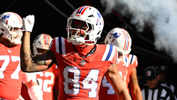 Dec 1, 2024; Foxborough, Massachusetts, USA; New England Patriots wide receiver Kendrick Bourne (84) walks out of the player's tunnel before a game against the Indianapolis Colts at Gillette Stadium. Mandatory Credit: Eric Canha-Imagn Images