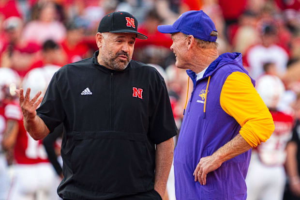 Nebraska Cornhuskers head coach Matt Rhule and Northern Iowa Panthers head coach Mark Farley