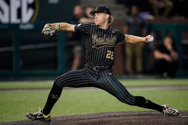 Vanderbilt pitcher JD Thompson (22) pitches against Arkansas during the first inning at Hawkins Field in Nashville, Tenn.