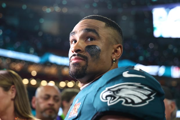 Former Alabama Crimson Tide quarterback Jalen Hurts of the Philadelphia Eagles in Super Bowl LIX.  