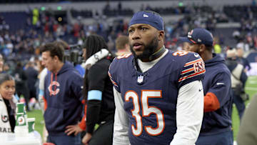 Oct 13, 2024; London, United Kingdom; Chicago Bears fullback Khari Blasingame (35) after an NFL International Series game at Tottenham Hotspur Stadium. Mandatory Credit: Peter van den Berg-Imagn Images