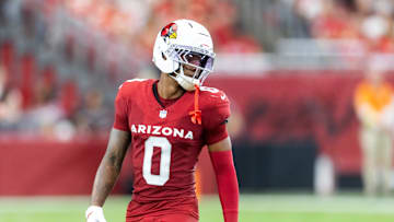 Aug 9, 2025; Glendale, Arizona, USA; Arizona Cardinals cornerback Will Johnson (0) against the Kansas City Chiefs during a preseason NFL game at State Farm Stadium. Mandatory Credit: Mark J. Rebilas-Imagn Images