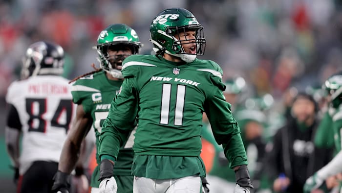 Dec 3, 2023; East Rutherford, New Jersey, USA; New York Jets linebacker Jermaine Johnson (11) reacts