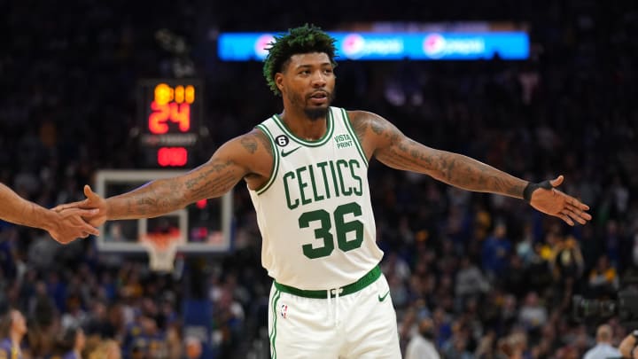 Dec 10, 2022; San Francisco, California, USA; Boston Celtics guard Marcus Smart (36) meets with teammates during a timeout in the fourth quarter against the Golden State Warriors at the Chase Center. Mandatory Credit: Cary Edmondson-USA TODAY Sports