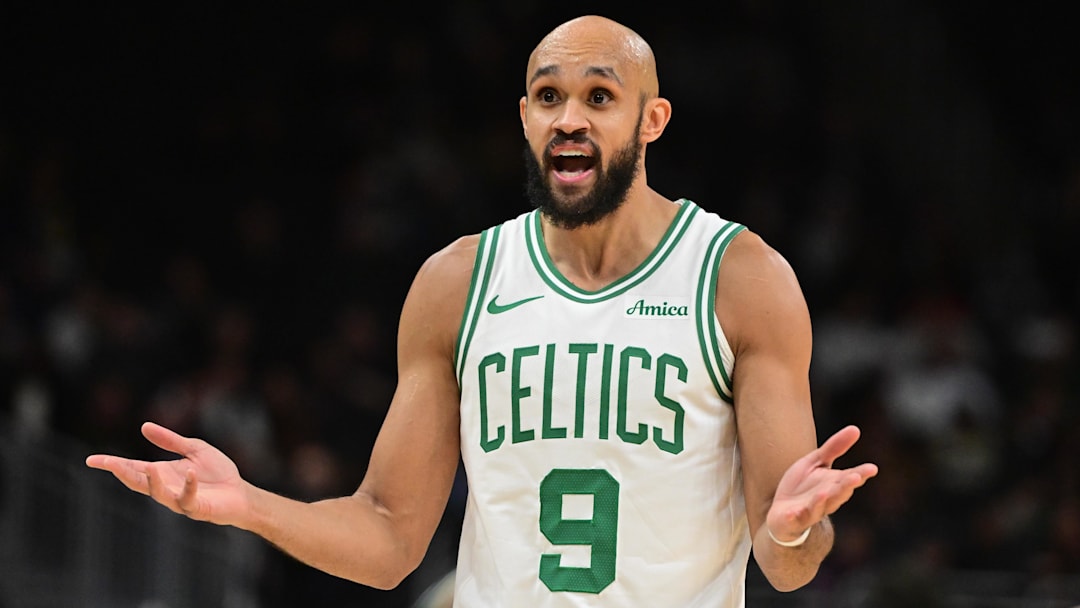 Dec 11, 2025; Milwaukee, Wisconsin, USA;  Boston Celtics guard Derrick White (9) reacts in the third quarter against the Milwaukee Bucks at Fiserv Forum. Mandatory Credit: Benny Sieu-Imagn Images