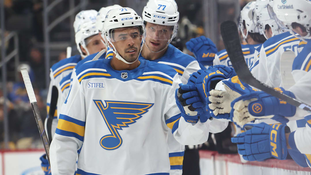 Oct 27, 2025; Pittsburgh, Pennsylvania, USA; St. Louis Blues right wing Mathieu Joseph (71) celebrates with teammates after scoring a goal against the Pittsburgh Penguins during the third period at PPG Paints Arena. Mandatory Credit: Charles LeClaire-Imagn Images