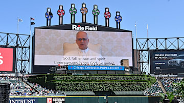 Pope Leo XIV delivers his video message prior to the Archdiocese of Chicago’s Catholic mass hosted at Rate Field.