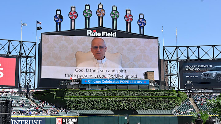 Pope Leo XIV delivers his video message prior to the Archdiocese of Chicago’s Catholic mass hosted at Rate Field. Pope Leo XIV delivers his video message prior to the Archdiocese of Chicago’s Catholic mass hosted at Rate Field.