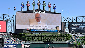 Jun 14, 2025; Chicago, Illinois, US; Pope Leo XIV delivers his video message to churchgoers prior to the Archdiocese of Chicago’s Catholic mass hosted at Rate Field