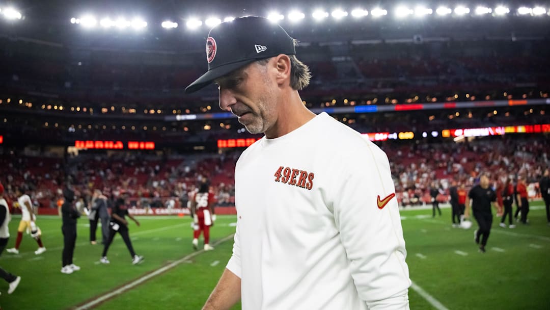 Jan 5, 2025; Glendale, Arizona, USA; San Francisco 49ers head coach Kyle Shanahan reacts after losing to the Arizona Cardinals at State Farm Stadium. Mandatory Credit: Mark J. Rebilas-Imagn Images