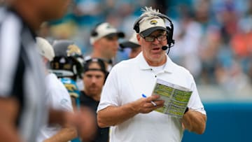 Jacksonville Jaguars head coach Doug Pederson looks on during the fourth quarter of an NFL football matchup Sunday, Oct. 6, 2024 at EverBank Stadium in Jacksonville, Fla. The Jaguars edged the Colts on a field goal 37-34. 