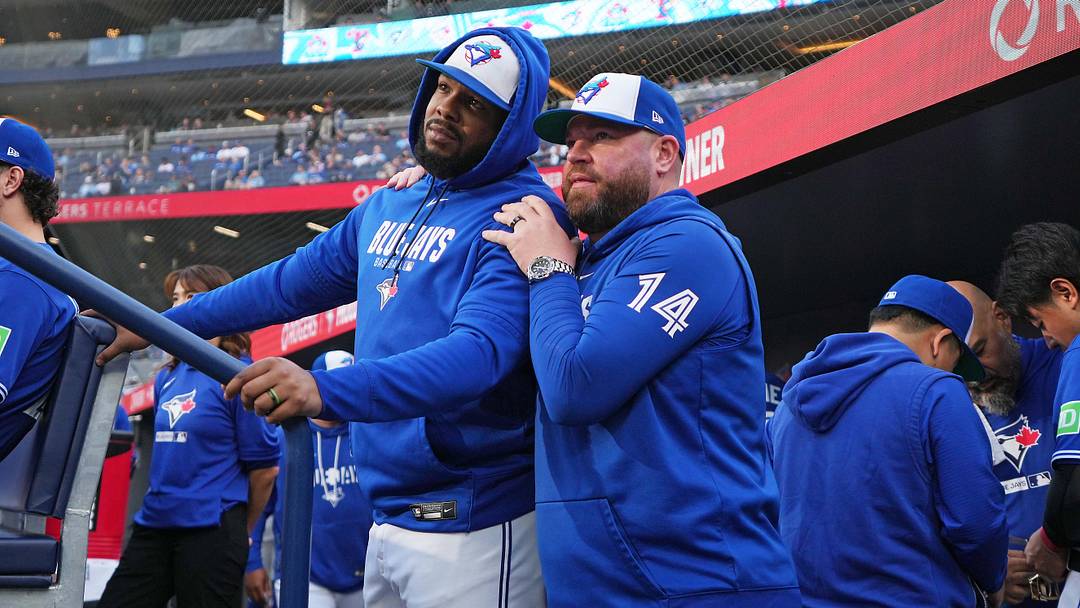 May 26, 2026; Toronto, Ontario, CAN; Toronto Blue Jays first baseman Vladimir Guerrero Jr. (27) talks with manager John Schneider (14) before the start of a game against the Miami Marlins at the Rogers Centre. Mandatory Credit: Nick Turchiaro-Imagn Images