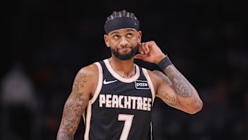 Nov 18, 2025; Atlanta, Georgia, USA; Atlanta Hawks guard Nickeil Alexander-Walker (7) in action against the Detroit Pistons in the third quarter at State Farm Arena. Mandatory Credit: Brett Davis-Imagn Images
