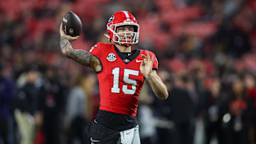 Nov 16, 2024; Athens, Georgia, USA; Georgia Bulldogs quarterback Carson Beck (15) throws before a game against the Tennessee Volunteers at Sanford Stadium. Mandatory Credit: Brett Davis-Imagn Images