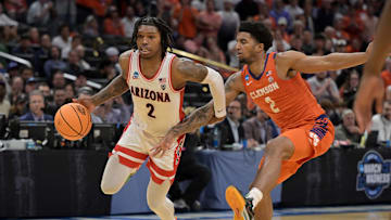 Mar 28, 2024; Los Angeles, CA, USA; Clemson Tigers guard Dillon Hunter (2) fouls Arizona Wildcats guard Caleb Love (2) in the second half in the semifinals of the West Regional of the 2024 NCAA Tournament at Crypto.com Arena. Mandatory Credit: Jayne Kamin-Oncea-Imagn Images
