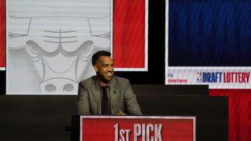 May 12, 2024; Chicago, IL, USA; Atlanta Hawks general manager Landry Fields reacts after getting the number one pick in the 2024 NBA Draft Lottery at McCormick Place West. Mandatory Credit: David Banks-USA TODAY Sports