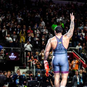 Minnesota's Gable Steveson reacts after his match at 285 pounds in the finals during the sixth session of the NCAA Division I Wrestling Championships, Saturday, March 19, 2022, at Little Caesars Arena in Detroit, Mich.

220319 Ncaa Session 6 Wr 026 Jpg