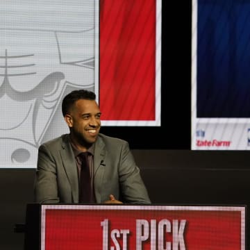 May 12, 2024; Chicago, IL, USA; Atlanta Hawks general manager Landry Fields reacts after getting the number one pick in the 2024 NBA Draft Lottery at McCormick Place West. Mandatory Credit: David Banks-USA TODAY Sports