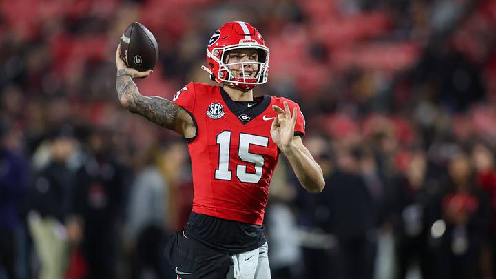 Nov 16, 2024; Athens, Georgia, USA; Georgia Bulldogs quarterback Carson Beck (15) throws before a game against the Tennessee Volunteers at Sanford Stadium. Mandatory Credit: Brett Davis-Imagn Images