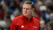 Feb 3, 2025; Lawrence, Kansas, USA; Kansas Jayhawks head coach Bill Self reacts during the second half against the Iowa State Cyclones at Allen Fieldhouse. 