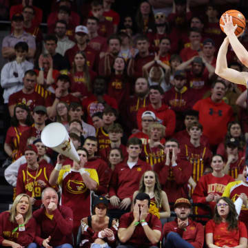 Mar 6, 2024; Ames, Iowa, USA; Brigham Young Cougars guard Richie Saunders (15) shoots and scores against the Iowa State Cyclones at James H. Hilton Coliseum. Mandatory Credit: Reese Strickland-USA TODAY Sports

