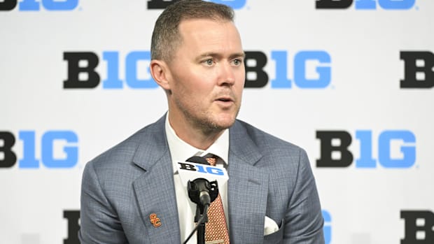 USC Trojans head coach Lincoln Riley speaks to the media during the Big 10 football media day at Lucas Oil Stadium. 