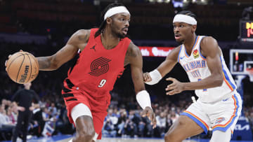 Jan 11, 2024; Oklahoma City, Oklahoma, USA; Portland Trail Blazers forward Jerami Grant (9) drives to the basket against Oklahoma City Thunder guard Shai Gilgeous-Alexander (2) during the second quarter at Paycom Center. Mandatory Credit: Alonzo Adams-USA TODAY Sports