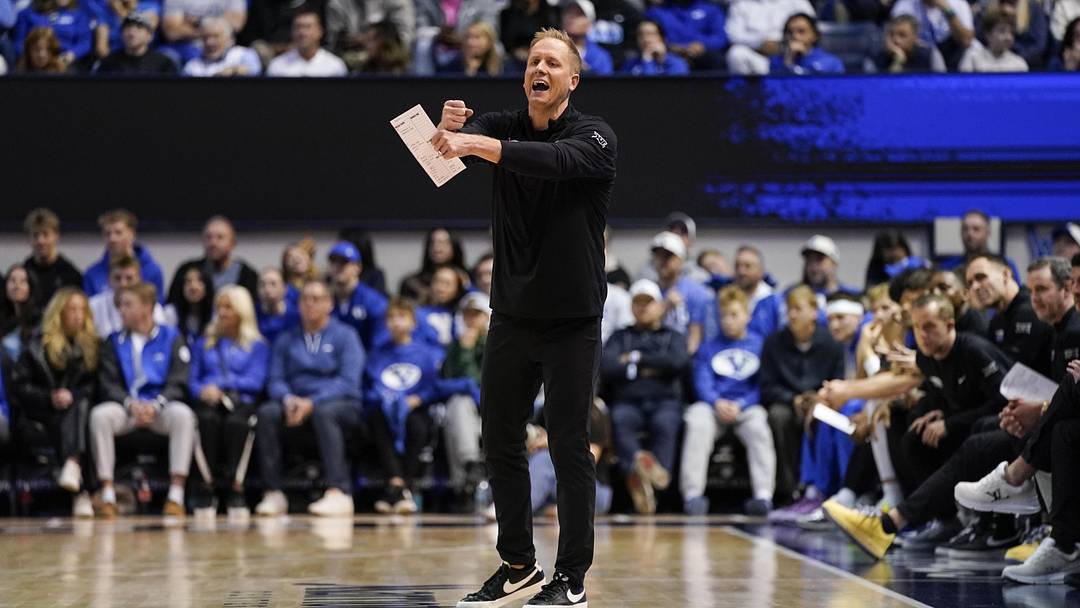 Feb 21, 2026; Provo, Utah, USA; BYU Cougars head coach Kevin Young reacts during the first half against the Iowa State Cyclones at Marriott Center. Mandatory Credit: Aaron Baker-Imagn Images