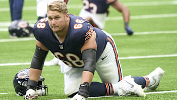 Oct 13, 2024; London, United Kingdom; Chicago Bears center Doug Kramer Jr. (68) in warm ups before an NFL International Series game at Tottenham Hotspur Stadium. Mandatory Credit: Peter van den Berg-Imagn Images