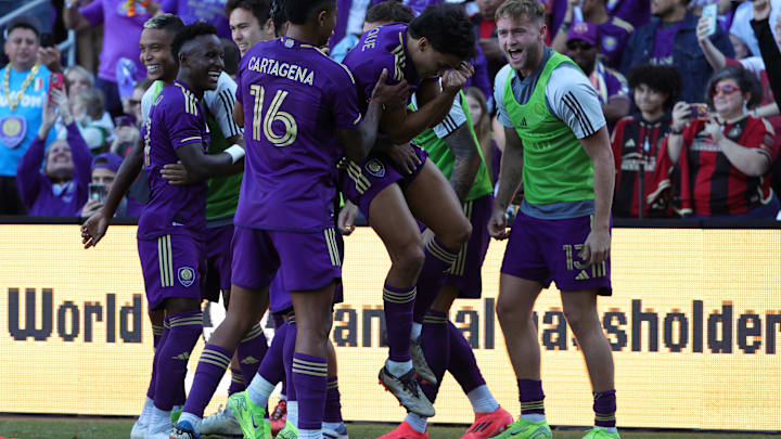 Nov 24, 2024; Orlando, Florida, USA; Orlando City forward Ramiro Enrique (7) celebrates a first half goal against Atlanta United in a 2024 MLS Cup conference semifinal match at Inter&Co Stadium. Mandatory Credit: Mike Watters-Imagn Images