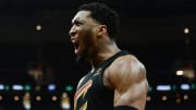 May 5, 2024; Cleveland, Ohio, USA; Cleveland Cavaliers guard Donovan Mitchell (45) reacts after a; Credit: Ken Blaze-USA TODAY Sports