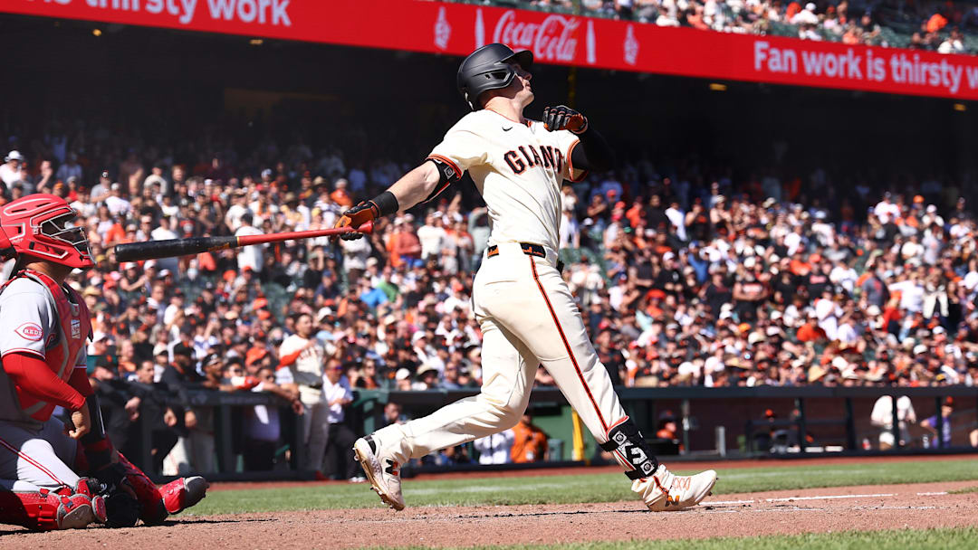 Apr 9, 2025; San Francisco, California, USA;  San Francisco Giants right fielder Mike Yastrzemski (5) hits a two-run RBI home run for a walk-off win against the Cincinnati Reds during the tenth inning at Oracle Park. 