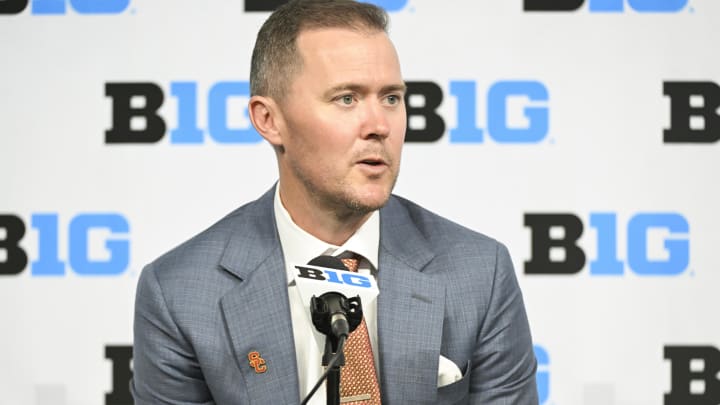 Jul 24, 2024; Indianapolis, IN, USA; USC Trojans head coach Lincoln Riley speaks to the media during the Big 10 football media day at Lucas Oil Stadium.