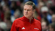 Feb 3, 2025; Lawrence, Kansas, USA; Kansas Jayhawks head coach Bill Self reacts during the second half against the Iowa State Cyclones at Allen Fieldhouse. Mandatory Credit: Jay Biggerstaff-Imagn Images