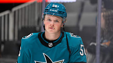 Oct 29, 2024; San Jose, California, USA; San Jose Sharks right wing Ethan Cardwell (56) during warm ups before their game against the Los Angeles Kings at SAP Center at San Jose. Mandatory Credit: Eakin Howard-Imagn Images
