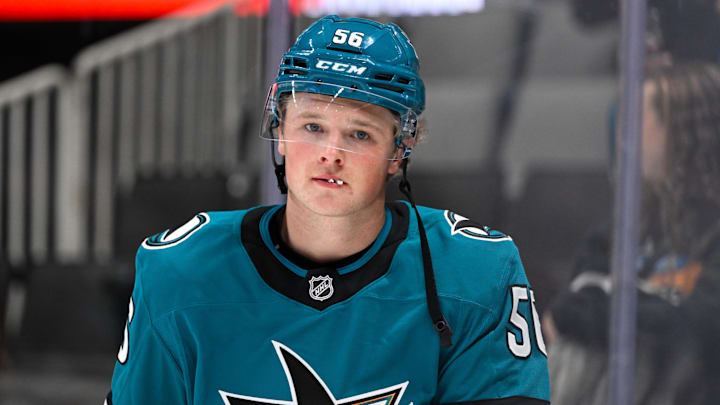 Oct 29, 2024; San Jose, California, USA; San Jose Sharks right wing Ethan Cardwell (56) during warm ups before their game against the Los Angeles Kings at SAP Center at San Jose. Mandatory Credit: Eakin Howard-Imagn Images