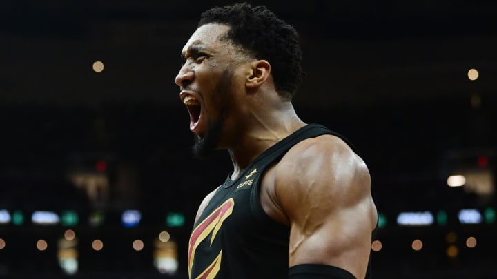 May 5, 2024; Cleveland, Ohio, USA; Cleveland Cavaliers guard Donovan Mitchell (45) reacts after a basket during the second half against the Orlando Magic in game seven of the first round for the 2024 NBA playoffs at Rocket Mortgage FieldHouse.