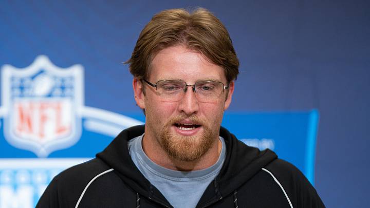 Feb 28, 2026; Indianapolis, IN, USA; Florida offensive lineman Jake Slaughter (OL47) speaks to members of the media during the NFL Combine at the Indiana Convention Center. Mandatory Credit: Jacob Musselman-Imagn Images