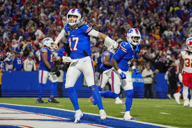 Nov 17, 2024; Orchard Park, New York, USA; Bills’ Josh Allen celebrates game-winning touchdown vs. Chiefs.