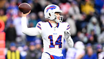 Jan 5, 2025; Foxborough, Massachusetts, USA; Buffalo Bills quarterback Mike White (14) looks to throw against the New England Patriots during the second half at Gillette Stadium. Mandatory Credit: Brian Fluharty-Imagn Images
