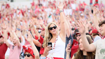 Aug 29, 2024; Little Rock, Arkansas, USA; Arkansas Razorbacks fans “call the hogs” prior to the game against the Pine Bluff Golden Lions at War Memorial Stadium. Mandatory Credit: Nelson Chenault-Imagn Images