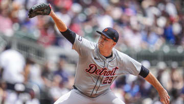 Jun 19, 2024; Cumberland, Georgia, USA; Detroit Tigers starting pitcher Tarik Skubal (29) pitches against the Atlanta Braves during the second inning at Truist Park. Mandatory Credit: Dale Zanine-USA TODAY Sports