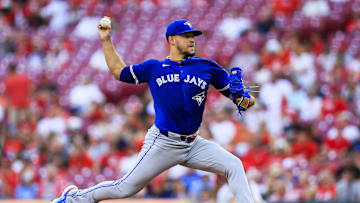 Sep 2, 2025; Cincinnati, Ohio, USA; Toronto Blue Jays starting pitcher Jose Berrios (17) pitches against the Cincinnati Reds in the first inning at Great American Ball Park. 
