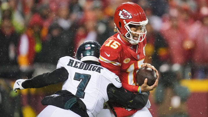 Former Eagles edge rusher Haason Reddick sacks Patrick Mahomes. Reddick is still holding out of Jets camp and wants to be traded. If the Bears pursued Matthew Judon, why not Reddick?