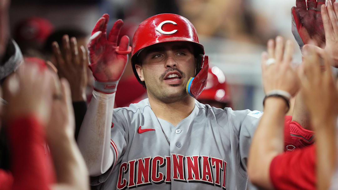 Apr 8, 2026; Miami, Florida, USA; Cincinnati Reds first baseman Sal Stewart (27) celebrates a two-run home run in the fifth inning against the Miami Marlins at loanDepot Park. Mandatory Credit: Jim Rassol-Imagn Images