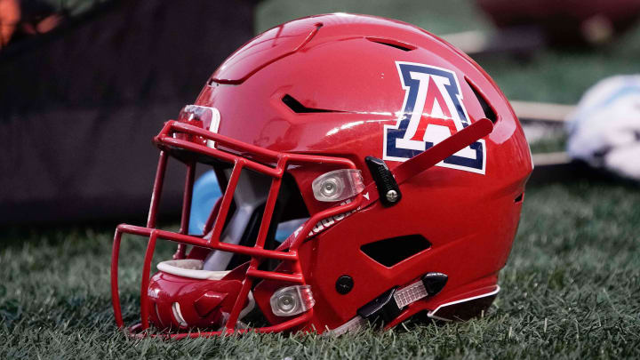 Oct 21, 2017; Berkeley, CA, USA; Arizona Wildcats helmet sits on the grass in the game against the California Golden Bears during the second quarter at Memorial Stadium