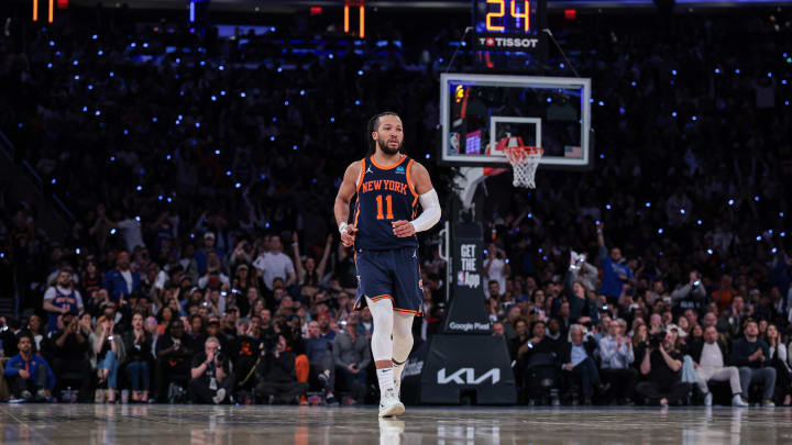 Apr 22, 2024; New York, New York, USA;  New York Knicks guard Jalen Brunson (11) reacts after a basket during the fourth quarter during game two of the first round for the 2024 NBA playoffs against the Philadelphia 76ers at Madison Square Garden. Mandatory Credit: Vincent Carchietta-USA TODAY Sports