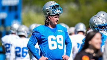 Detroit Lions offensive lineman Tate Ratledge (69) practices during rookie mini camp at Meijer Performance Center in Allen Park on Friday, May 9, 2025.