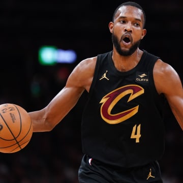 May 9, 2024; Boston, Massachusetts, USA; Cleveland Cavaliers forward Evan Mobley (4) returns the ball against the Boston Celtics in the first quarter during game two of the second round for the 2024 NBA playoffs at TD Garden.