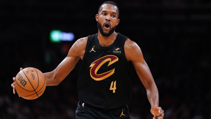 May 9, 2024; Boston, Massachusetts, USA; Cleveland Cavaliers forward Evan Mobley (4) returns the ball against the Boston Celtics in the first quarter during game two of the second round for the 2024 NBA playoffs at TD Garden.